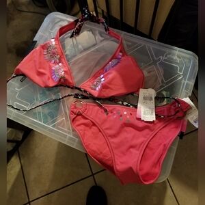 XOXO Coral Sequin detail bikini L  NWT